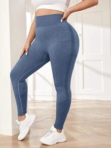 Yoga Basic 大碼寬腰帶運動打底褲 - 藍色 - 查看 5