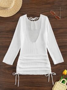 SHEIN Swim Summer Beach Solid Drawstring Side Tie Backless Cover Up Dress - White - View 5