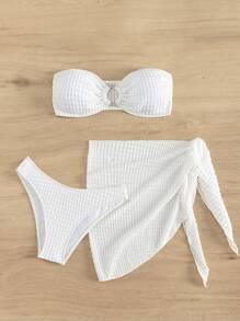 Swim Basics 夏季海滩纹理比基尼套装 环扣抹胸文胸和高腰下装和沙滩裙 3 件套比基尼套装 - 白色 - 查看 8