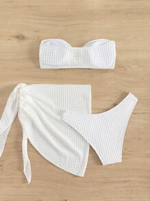 Swim Basics 夏季海滩纹理比基尼套装 环扣抹胸文胸和高腰下装和沙滩裙 3 件套比基尼套装 - 白色 - 查看 5