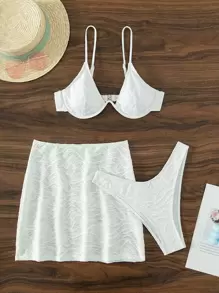 Swim SXY Summer Beach Plain Underwire Bikini Set With Beach Skirt - White - View 4