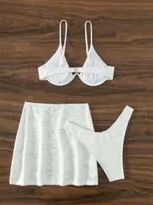 Swim SXY Summer Beach Plain Underwire Bikini Set With Beach Skirt - White - View 3