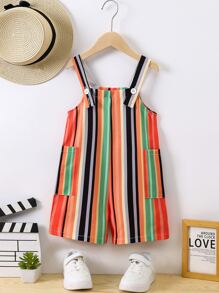 SHEIN 小男童塊狀條紋雙口袋背帶連體短褲