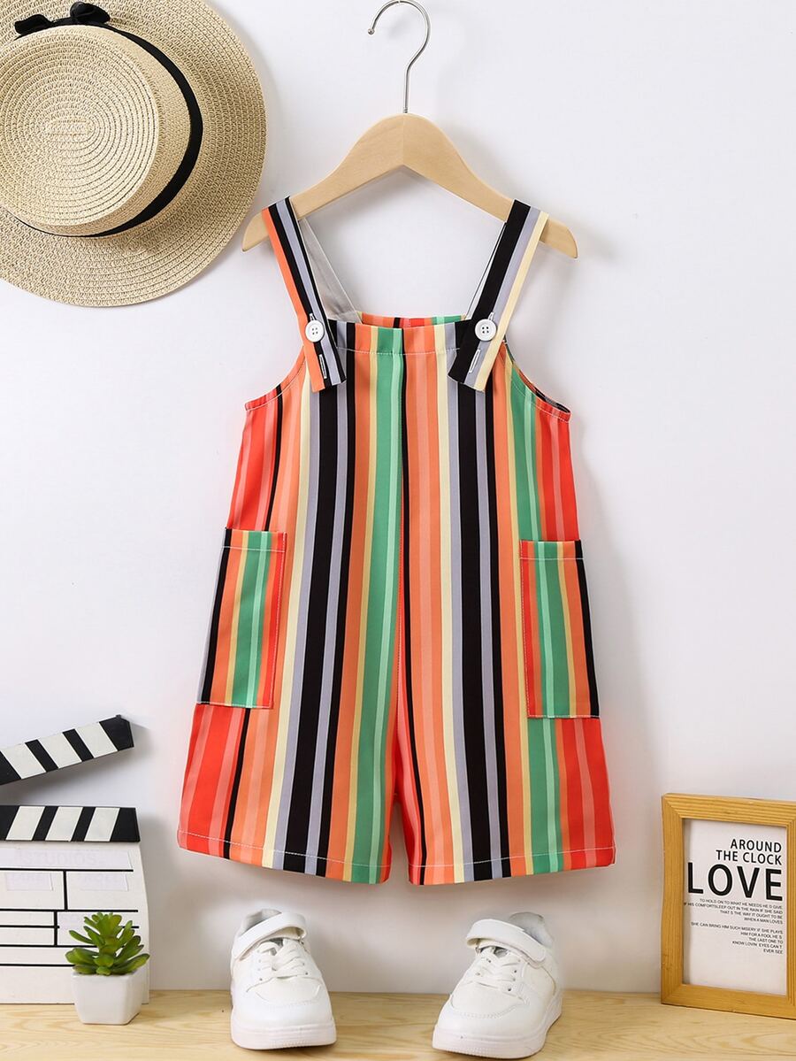 SHEIN 小男童塊狀條紋雙口袋背帶連體短褲