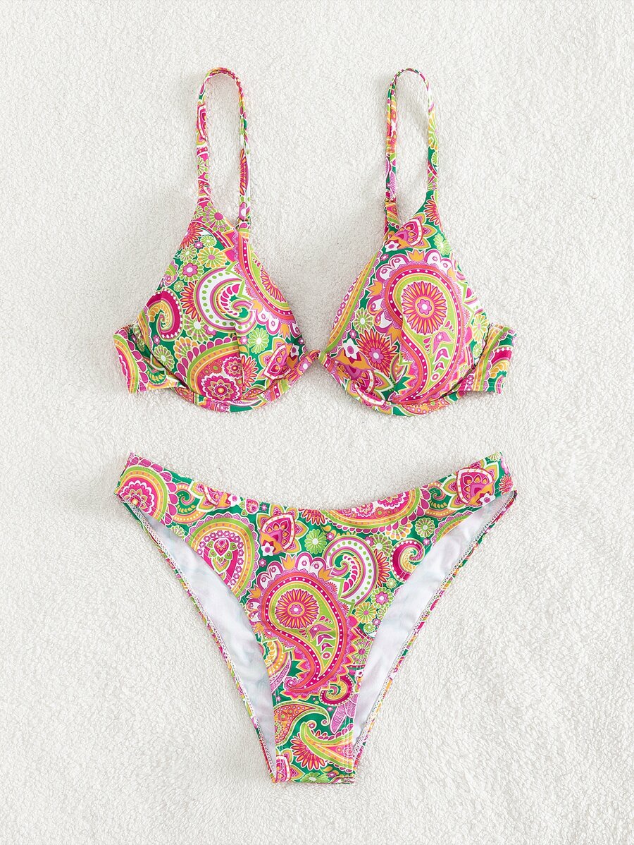 Paisley Print Underwire Summer Beach Bikini Set - Multicolor - View 1