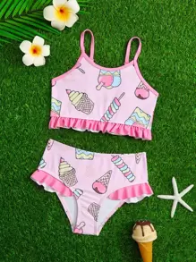 Young Girl Cartoon Graphic Ruffle Trim Bikini Set Summer Beach - Pink - View 1