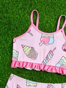 Young Girl Cartoon Graphic Ruffle Trim Bikini Set Summer Beach - Pink - View 3