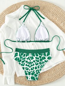 豹紋項圈三角形夏季沙灘比基尼套裝 - 彩色 - 查看 2