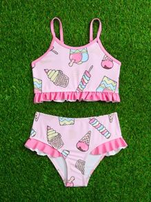Young Girl Cartoon Graphic Ruffle Trim Bikini Set Summer Beach - Pink - View 4