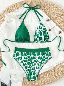 豹紋項圈三角形夏季沙灘比基尼套裝 - 彩色 - 查看 3