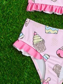 Young Girl Cartoon Graphic Ruffle Trim Bikini Set Summer Beach - Pink - View 5