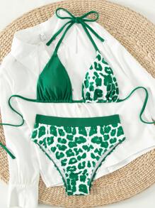 豹紋項圈三角形夏季沙灘比基尼套裝 - 彩色 - 查看 5