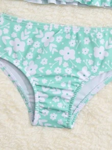 Ropa de playa de verano para niña bebé con estampado floral y volantes en el bajo - Verde - Ver 3