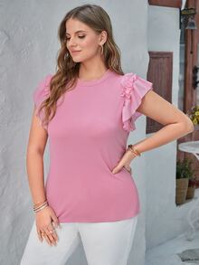SHEIN Privé 大碼荷葉邊蝴蝶袖T恤 - 粉色 - 查看 3