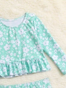 Ropa de playa de verano para niña bebé con estampado floral y volantes en el bajo - Verde - Ver 4