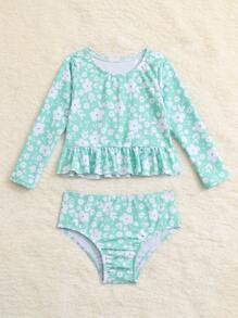 Ropa de playa de verano para niña bebé con estampado floral y volantes en el bajo - Verde - Ver 5