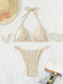 Swim SXY 夏季沙灘花邊露背三角比基尼套裝 - 杏色 - 查看 3