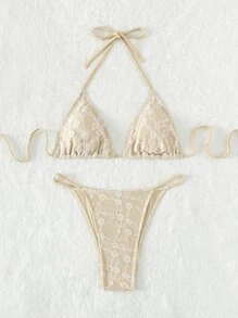 Swim SXY 夏季沙灘花邊露背三角比基尼套裝 - 杏色 - 查看 7