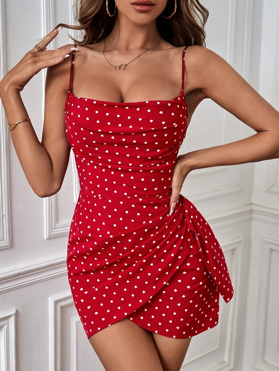SHEIN Privé Allover Heart Print Wrap Knot Side Open Back Cami Dress