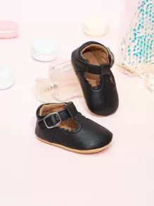 嬰兒搭扣裝飾貝殼邊時尚黑色踝帶平底鞋