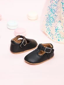嬰兒搭扣裝飾貝殼邊時尚黑色踝帶平底鞋