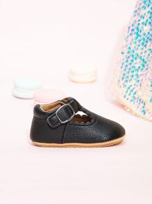 嬰兒搭扣裝飾貝殼邊時尚黑色踝帶平底鞋