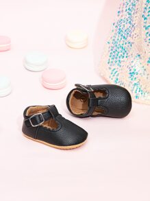 嬰兒搭扣裝飾貝殼邊時尚黑色踝帶平底鞋