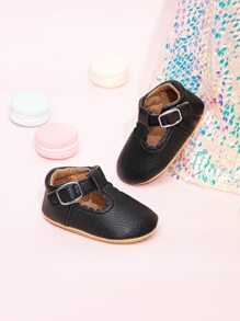 嬰兒搭扣裝飾貝殼邊時尚黑色踝帶平底鞋