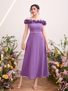 Modelyn Đầm Xếp li Xù Dây kéo màu trơn Buổi tiệc - Màu tím - Xem 4