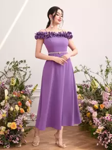 Modelyn Đầm Xếp li Xù Dây kéo màu trơn Buổi tiệc - Màu tím - Xem 1