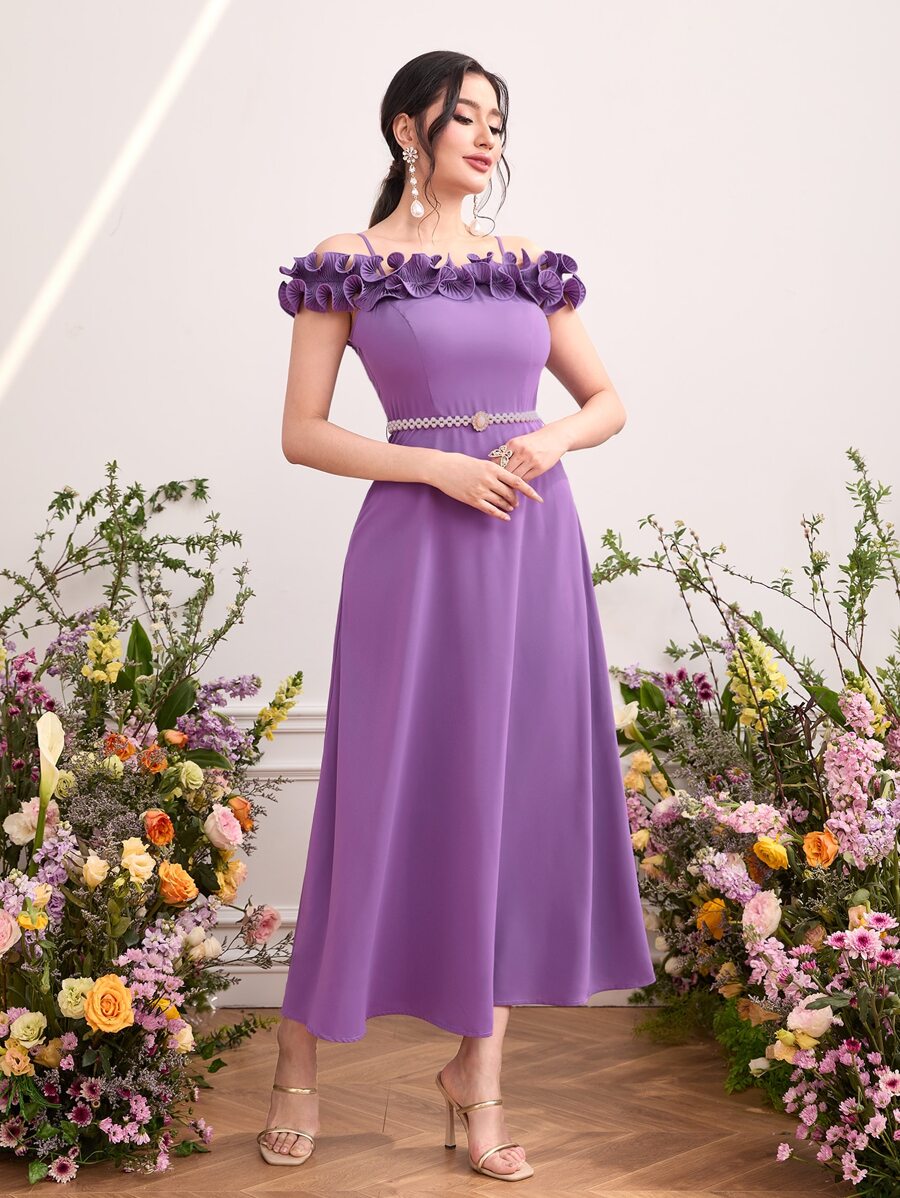 Modelyn Đầm Xếp li Xù Dây kéo màu trơn Buổi tiệc - Màu tím - Xem 1