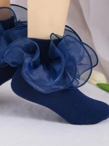 1pair Toddler Girls Ruffle Trim Fashion Style Socks - Blue - View 5