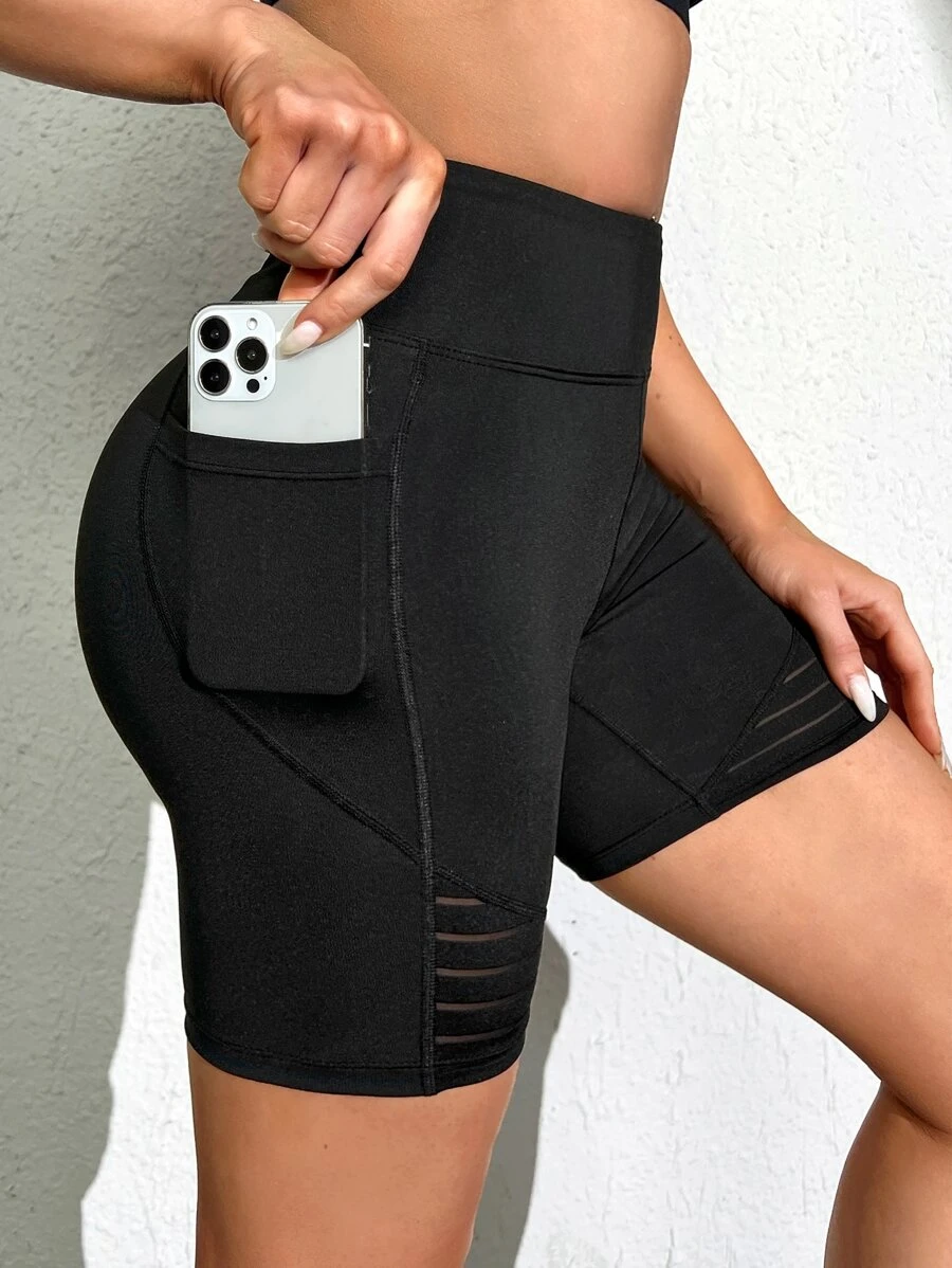SHEIN Yoga Basic 寬腰帶嵌入網紗運動短褲帶手機袋 - 黑色 - 查看 1