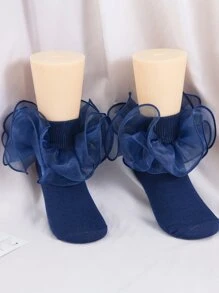 1pair Toddler Girls Ruffle Trim Fashion Style Socks - Blue - View 6