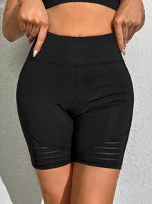SHEIN Yoga Basic 寬腰帶嵌入網紗運動短褲帶手機袋 - 黑色 - 查看 3