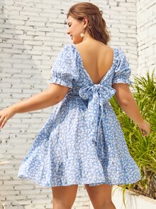 S BETRO 大碼碎花荷葉邊連衣裙 - 藍白色 - 查看 2