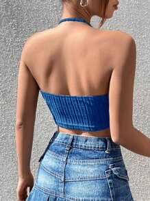SHEIN EZwear Solid Backless Crop Halter Top - Blue - View 2