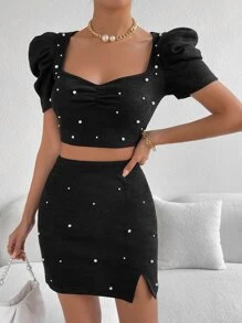 SHEIN Privé Bộ đồ hai mảnh nữ Xù Ngọc trai Chia màu trơn Thanh lịch - màu đen - Xem 2