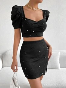 SHEIN Privé Bộ đồ hai mảnh nữ Xù Ngọc trai Chia màu trơn Thanh lịch - màu đen - Xem 6