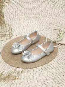Girls Ruffle Decor Metallic Flats, Glamorous Silver Mary Jane Flats - Silver - View 1