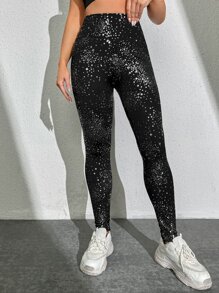 SHEIN Yoga Party 斑點印花寬腰帶運動打底褲