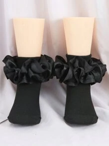 1 Pair Cotton Baby/Toddler Girls' Socks With Big Lace Ruffle, Princess Dance Socks - Black - View 2