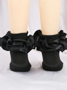 1 Pair Cotton Baby/Toddler Girls' Socks With Big Lace Ruffle, Princess Dance Socks - Black - View 3