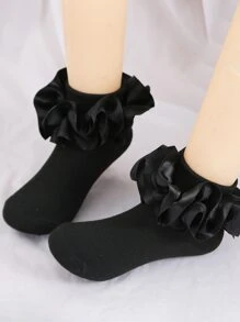 1 Pair Cotton Baby/Toddler Girls' Socks With Big Lace Ruffle, Princess Dance Socks - Black - View 4
