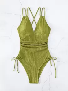 Anewsta Summer Beach Criss Cross Backless Drawstring Side Cami One Piece Swimsuit - Lime Green - View 8