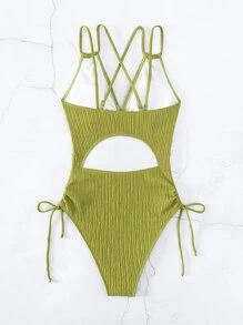 Anewsta Summer Beach Criss Cross Backless Drawstring Side Cami One Piece Swimsuit - Lime Green - View 10