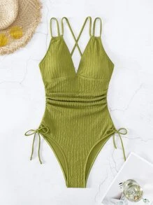 Anewsta Summer Beach Criss Cross Backless Drawstring Side Cami One Piece Swimsuit - Lime Green - View 9