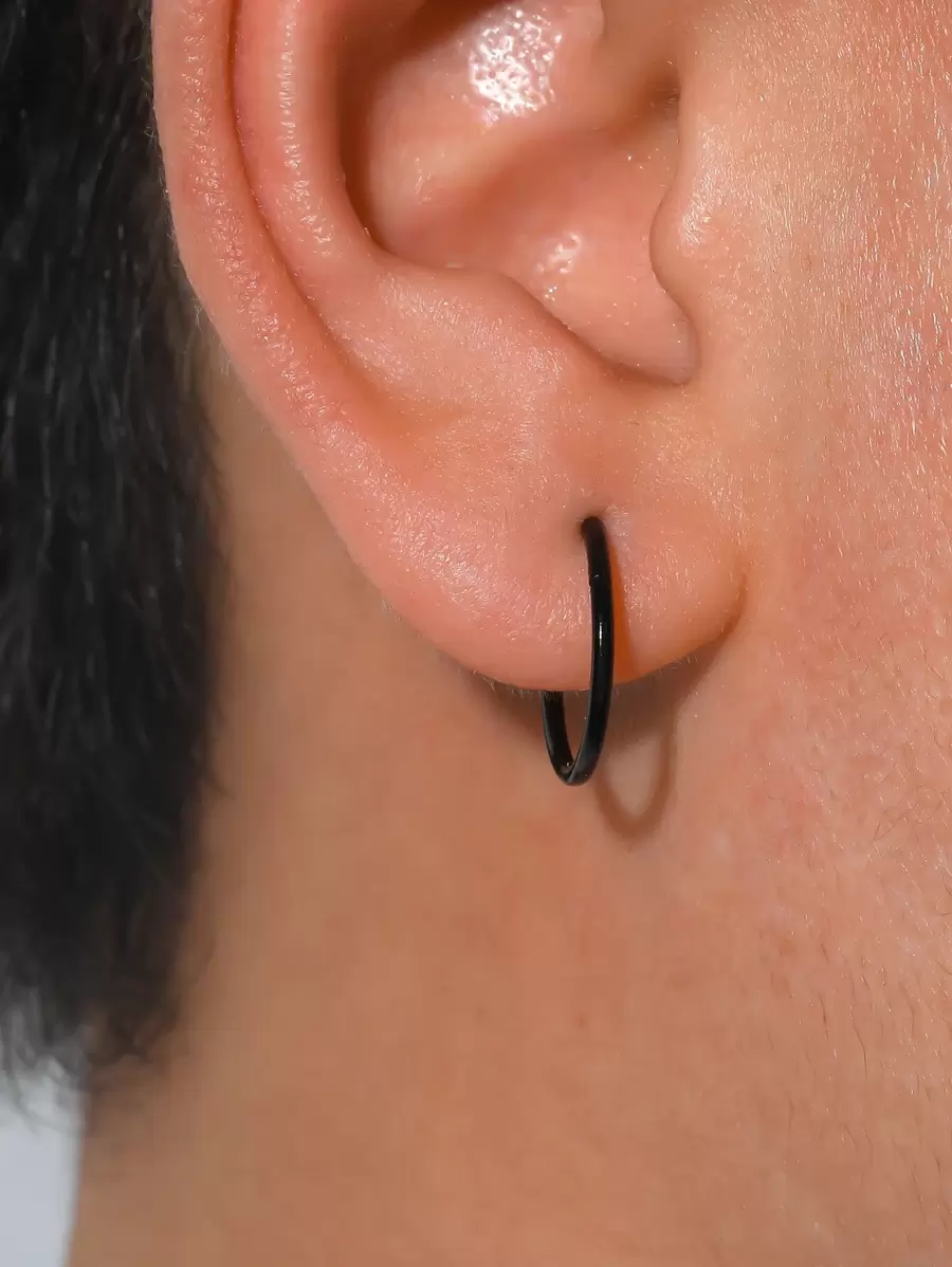 Pendiente de aro minimalista de 2 piezas para hombre, para regalo de joyería y fiesta - Negro - Ver 1