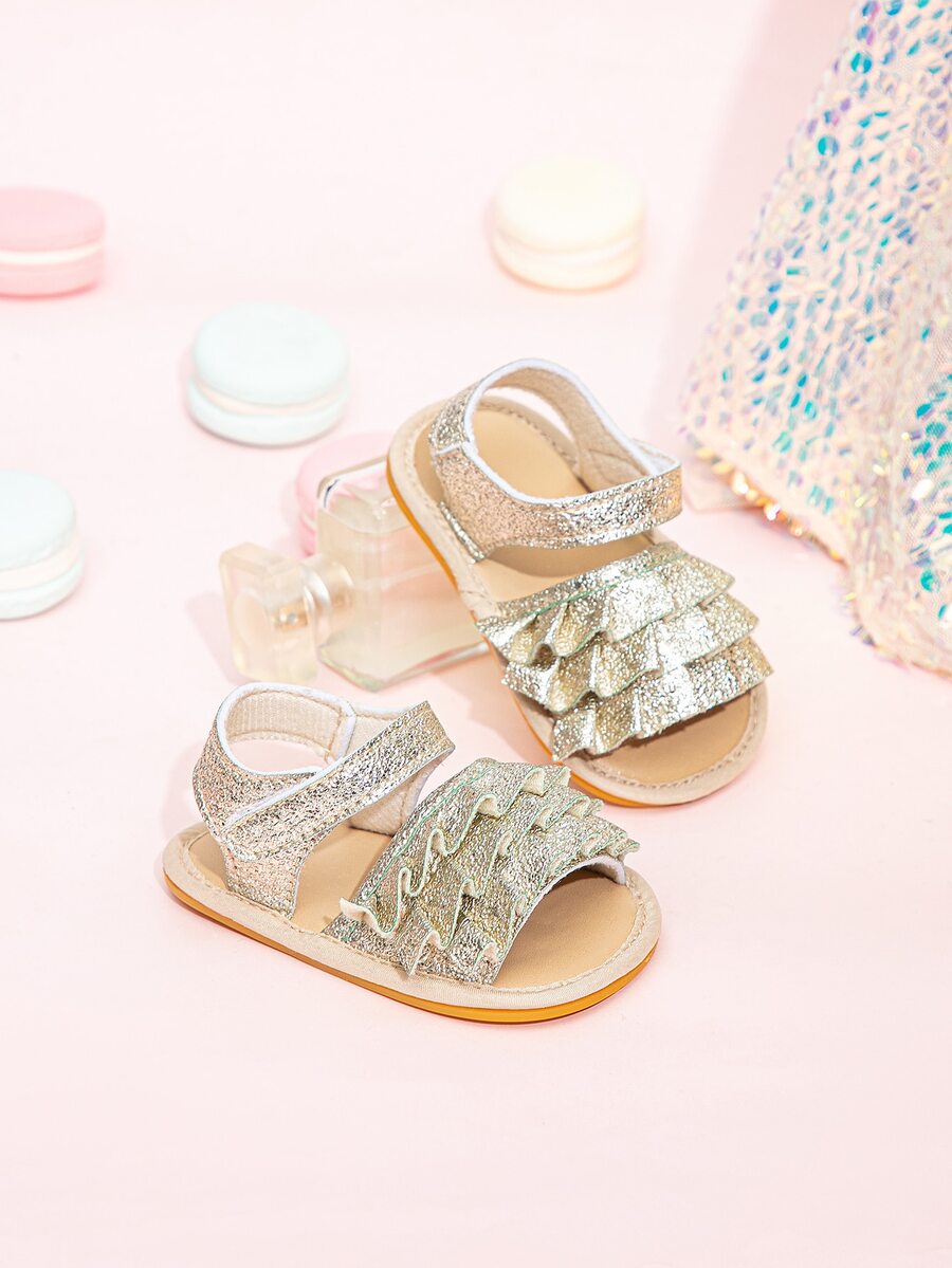 Bebé Sandalias con correa en el tobillo con diseño de fruncido atractivo dorado - Dorado - Ver 1
