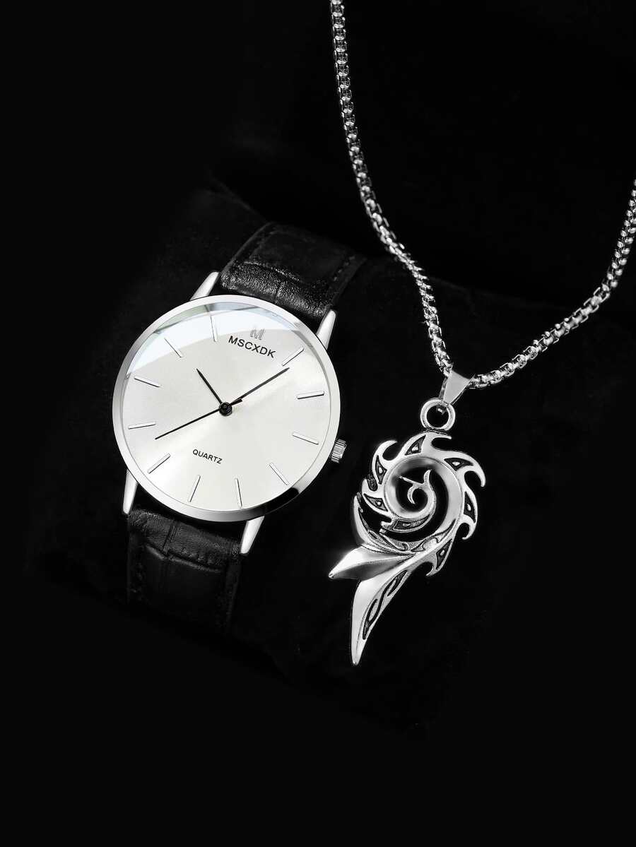 MSCXDK 1 st Men Rund Pointer Quartz Watch & 1st Halsband - Svart - Visa 1